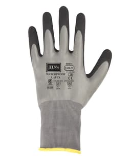 A grey and black waterproof double latex coated glove with a textured grip and a knitted wrist. Features a logo.