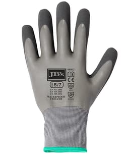 A grey and charcoal glove with textured fingertips and a logo, designed as a waterproof freezer glove.