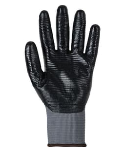 A grey and black nitrile gripper glove with a textured surface and a knitted wrist cuff. Features a logo.