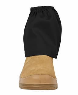 A tan boot with a black boot cover secured around the upper part, featuring an elastic top for a snug fit.