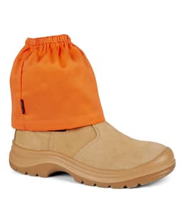 An orange boot cover fitted over a tan safety boot, designed for protective wear. The cover has an elastic top and a branding tag.
