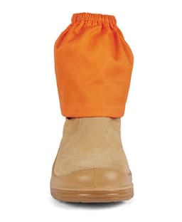 A tan work boot with a bright orange boot cover, featuring an elasticised top. Includes a logo on the cover.