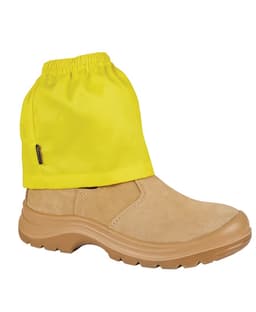 A tan safety boot with a bright yellow boot cover. The cover features an elasticised top and has a logo.