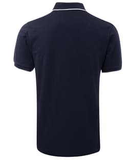 A navy polo shirt with white trim, featuring a collar and short sleeves. Includes a logo on the garment.
