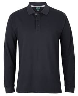 A long-sleeve black polo shirt with a collar and a three-button placket, featuring a logo.