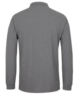 A long-sleeve polo shirt in grey, featuring a collar and a branded logo on the back.