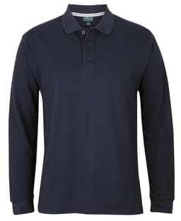 A long-sleeve navy blue polo shirt with a collar and buttoned placket, featuring a logo.