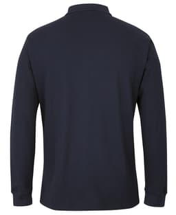 A dark navy long-sleeved pique polo shirt with a collar and branding on the back.