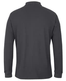 A long-sleeve polo shirt in dark grey, featuring a collar and a logo.