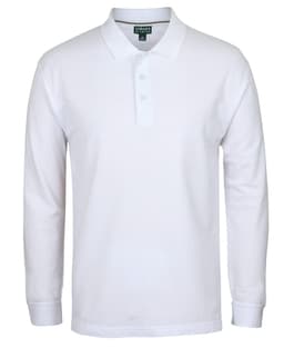 A long-sleeved white pique polo shirt featuring a collar and a logo.
