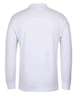 A white long-sleeved polo shirt with a collar, featuring a branding logo.