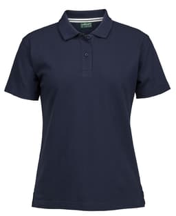 A navy ladies' pique polo shirt featuring a collar, short sleeves, and a button placket. It has a logo on it.
