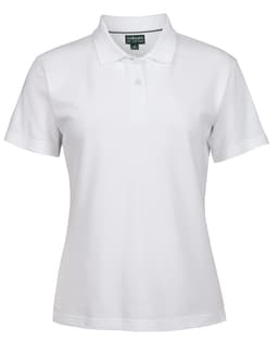 A white ladies' pique polo shirt featuring a collar, button placket, and a brand logo on the label.