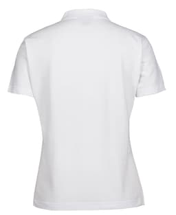 A white ladies' polo shirt with a classic design and a logo on the back. Short sleeves and a standard collar.