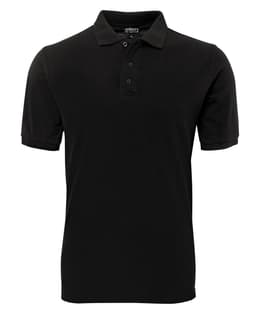 A black polo shirt featuring a three-button placket and short sleeves. It has a logo on the chest area.