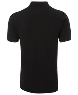 A black pique polo shirt featuring a collar and short sleeves, with a subtle logo on the back.