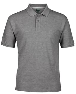 A grey polo shirt featuring a collar and three buttons, with a logo on the chest area.