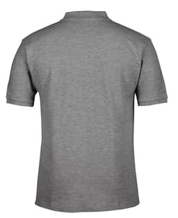A grey polo shirt with a back view, featuring short sleeves and a collar. It has a logo branding.