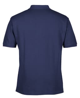 A navy blue polo shirt featuring a back view with a logo on the upper back.