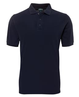 A navy blue polo shirt with a collared neckline, short sleeves, and a front placket with buttons. It features a logo.