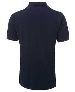A navy blue polo shirt with a collar and short sleeves, featuring a logo on the side.