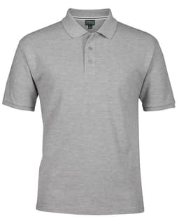 A grey polo shirt with a collar and three buttons, featuring a logo on the label.