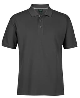 A dark grey polo shirt featuring a classic collar and a logo on the chest.