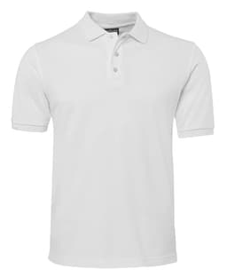 A white polo shirt with a collar and three-button placket, featuring a logo on the chest.