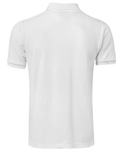 A white polo shirt featuring a collar and short sleeves. It has a logo on the design.