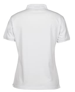 A ladies' polo shirt in white, featuring a classic design and a collar, with a logo on the back.