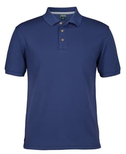 A navy blue polo shirt featuring a collar, short sleeves, and three buttons. It has a logo on the chest.