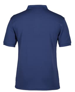 A navy polo shirt with a classic collar and short sleeves, featuring a logo on the back.