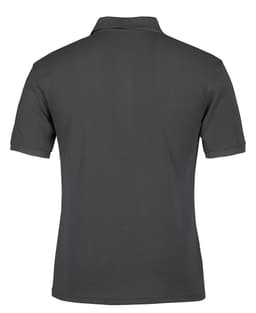 A dark grey polo shirt with a classic collar and short sleeves, featuring a logo on the back.