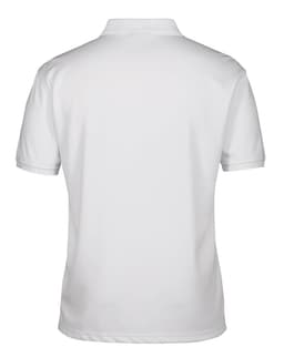 A white polo shirt with a collar and short sleeves, featuring a logo on the back.