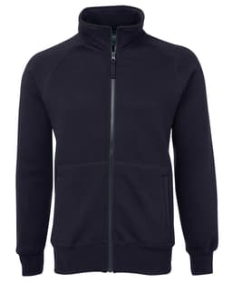A full zip jumper in black with a high collar and two front pockets. It features a logo on the chest.