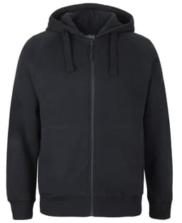 A dark green zip-up hoodie with a hood and kangaroo pockets, featuring a logo.