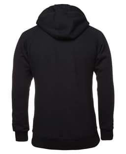A black hoodie featuring a hood, with a simple design and no visible logos.
