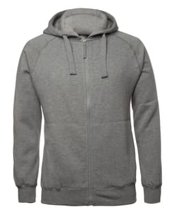 A grey zip-up hoodie featuring a hood and pockets, with a logo on the front.