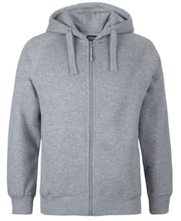 A grey zip-up hoodie with a hood, features a front pocket and has a logo on the label.