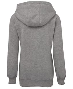 A grey hoodie featuring a hood and ribbed cuffs, with a branding logo on the back.