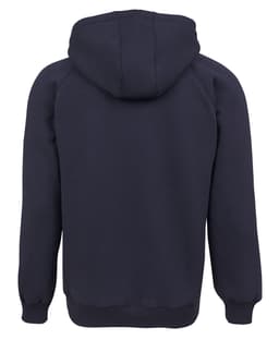 A navy hoodie featuring a central hood and ribbed cuffs, with a logo on the back.