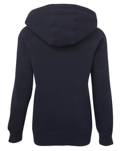 A navy blue hoodie featuring a hood and long sleeves, with a simple design and a branding logo.