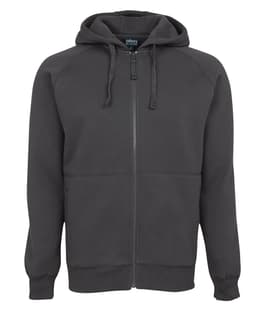 A dark grey hoodie with a zip, featuring a hood and front pockets. It has a logo on the label.