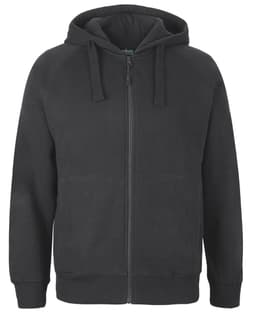 A black zip-up hoodie featuring a hood and front pockets, with a logo on the label.