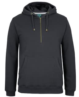 A dark grey 1/2 zip hoodie featuring a front pocket and a branded hood.