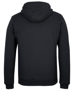 A black 1/2 zip hoodie featuring a hood and a plain back design. It includes a branding logo.
