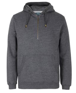 A grey 1/2 zip hoodie featuring a front pocket and a logo. Suitable for casual wear.