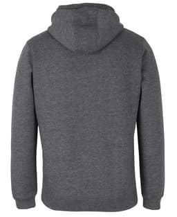 A grey hoodie featuring a half zip design and a hood, with a logo on it.