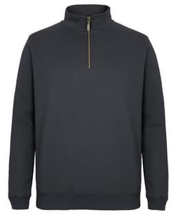 A dark grey 1/2 zip sweatshirt with a high collar and a zipper, featuring a brand logo.