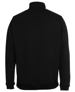 A black half-zip sweatshirt featuring a high collar and a plain back design. It has a logo on the front.